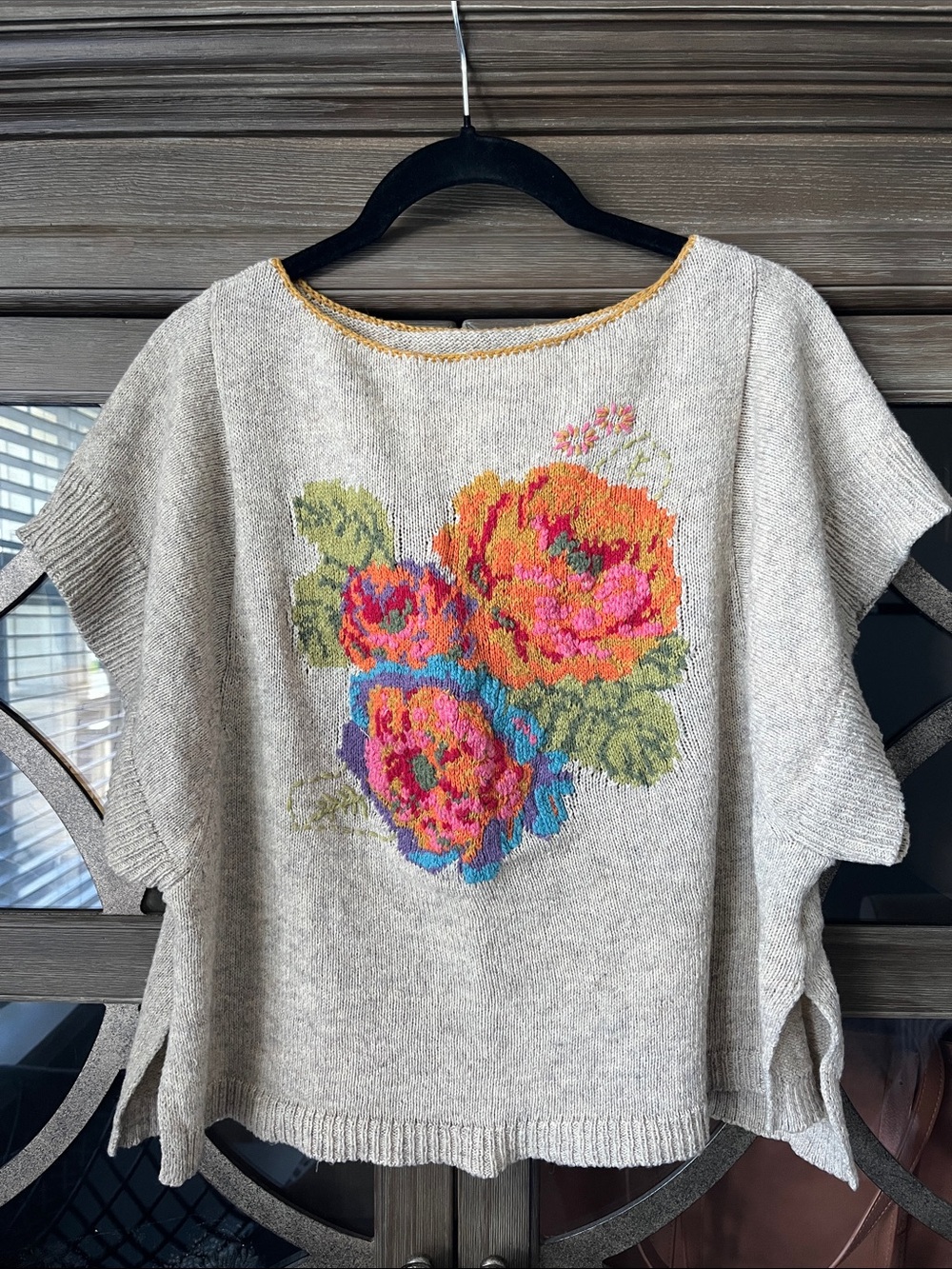 Angel of the North Anthropologie Tan Knit Top with Colorful Floral Embroidery